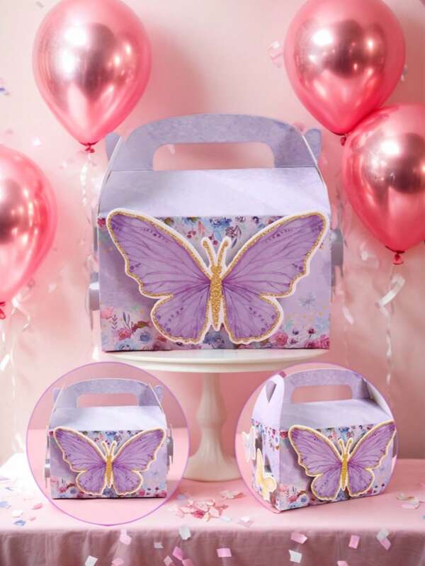 4 Stücke kreative lila Schmetterling Stil Geschenkbonbonboxen, pinkfarbenes Thema, Geburtstag Hochzeit, Familienevent Party Geschenkverpackung Süßigkeiten Boxen, um leicht eine süße und fröhliche Urlaubsstimmung zu schaffen