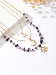 1 Set Of 3pcs , Versatile And Unique Sun, Moon, Star Colored Necklace Set. Asymmetrical Stone Pendant Layered Necklace With Sun, Moon And Star Charms, Suitable For Women's Daily, Vacation, And Party Wear (Stone Color And Shape Random)