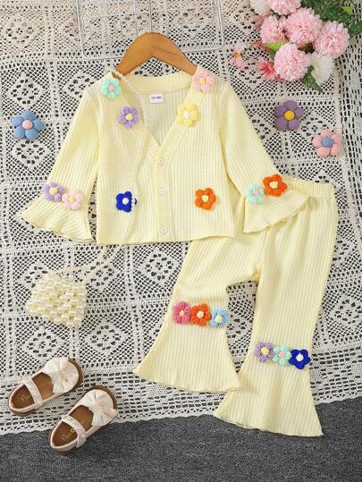 BrownBark 2 pezzi/set Maglione di primavera e autunno per bambine con decorazione floreale 3D e pantaloni a zampa di elefante, stile casual, vestibilità regolare, scelta perfetta per l'utilizzo all'aperto, abbigliamento per bambine