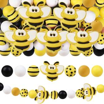 30Pcs Cute Wasp Silicone Print Beads, Fashion Yellow Circle Dot Design,Beads For Jewelry Making, Great For DIY Bracelet Accessories And Holiday Decorations, Gifts, Pen Accessories And Handmade Decorative Accessories