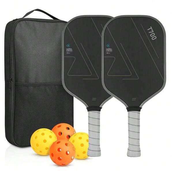 1 Set Pickleball Set, Includes 2pcs T700 Carbon Fiber Paddles (16mm Thick), 4pcs Pickleball Balls, 1pc Storage Bag, Suitable For Beginners And Professionals, Christmas Gift