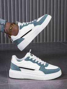 Unisex Casual Shoes, Size 36-45, Lace-Up Soft Bottom Flat Comfortable Men's Sneakers, Lightweight Low-Top Daily Shoes, Color Block Round Toe Lace-Up Skate Shoes, Men's Casual Trainers