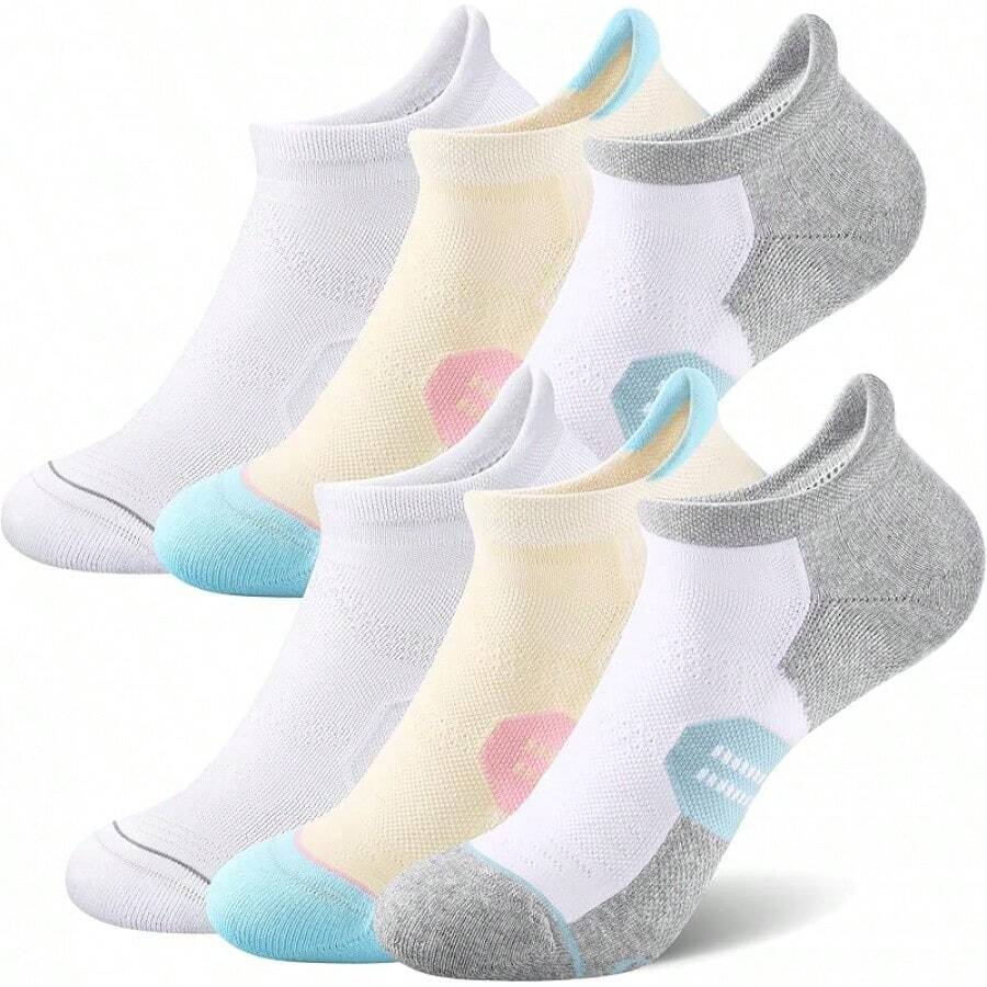 6 Pack Women's Ankle Running Socks Cushioned Low Cut Tab Athletic Socks Popular Comfortable - 白色*2+灰色*2+藍色*2 - 查看 1