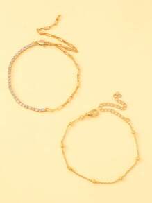 2 Stück Damen Mehrschichtiges goldenes Fußkettchen-Set mit Strass-Perlen-Kette, verstellbarer Sommerstrand Barfuß Accessoire