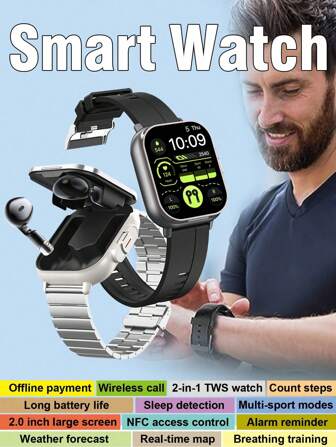 1 pieza Nuevo reloj inteligente con auriculares inalámbricos duales integrados 2 en 1 con tapa multifunción, pantalla táctil de 2,01 pulgadas que admite llamadas inalámbricas, música, NFC, monitoreo del sueño y la salud, podómetro, pronóstico del tiempo, visualización de mensajes y múltiples modos deportivos, pulsera adecuada para varios teléfonos inteligentes