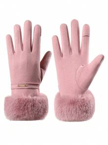 1 双女士保暖手套，人造毛皮袖口保暖内衬，防风，纯色，冬季配饰 - 彩色 - 查看 4