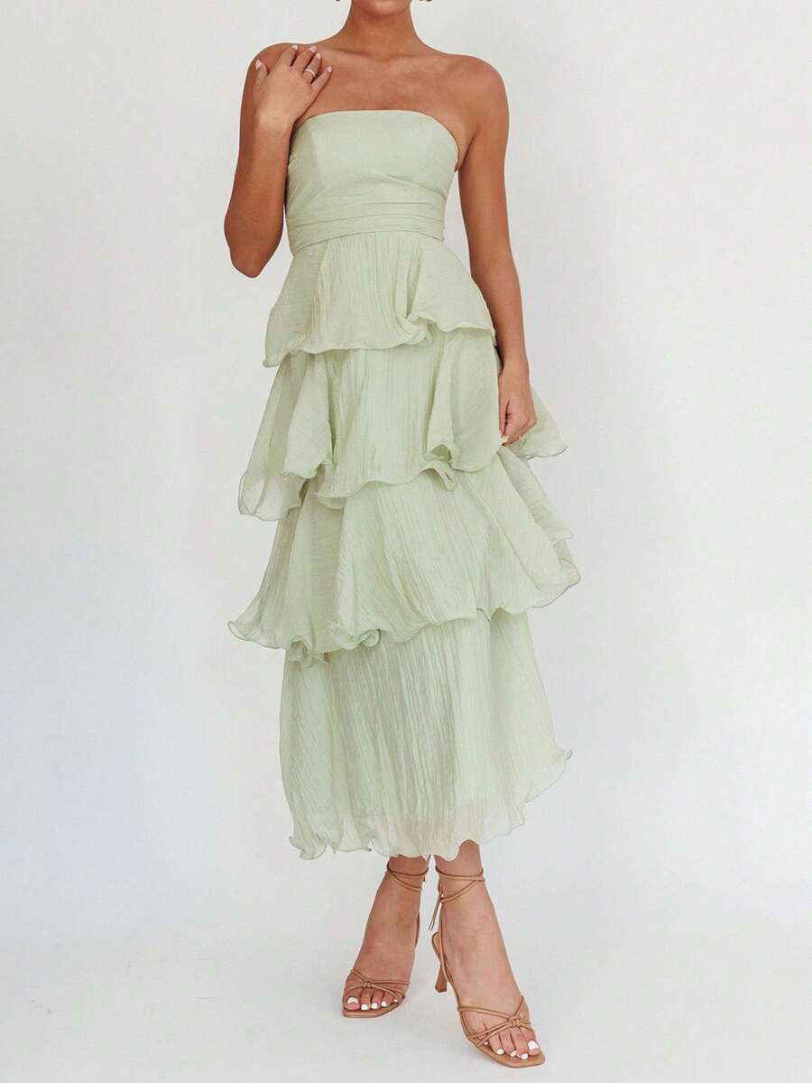 Ruffled Tube Top Long Dress For Women Summer Solid Color Backless Strapless Sleeveless Tiered Cake Dress - màu xanh lá - Xem 1