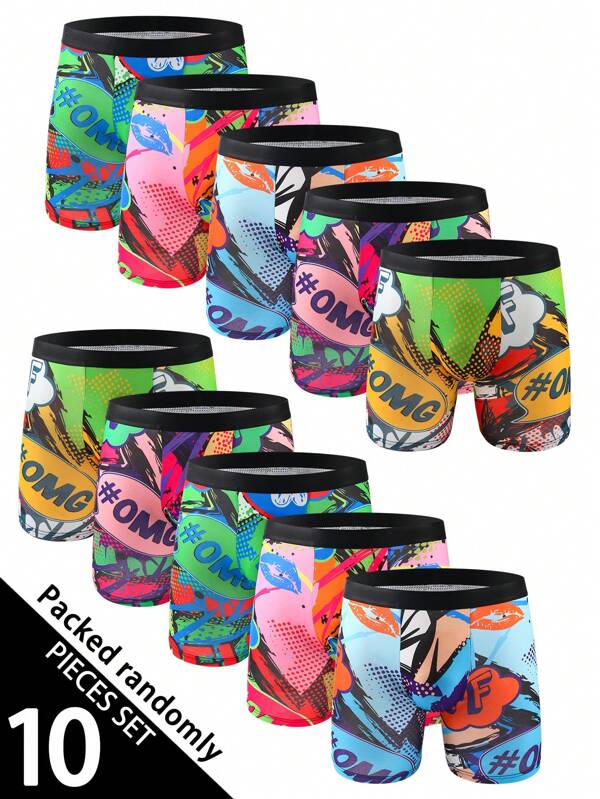 10 pièces/paquet Boxer long mode graffiti pour hommes, doux, confortable, stretch. Shorts de boxer longs athlétiques, sous-vêtements créatifs, imprimé aléatoire