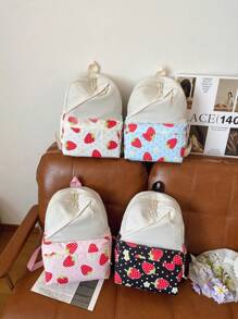 1 Pc New Style Girls' Strawberry Print Fabric Backpack With Adjustable Straps, Zipper Closure, Multifunctional Foldable Design, Perfect For Travel, School, Outdoor Activities, And Holiday Gifts