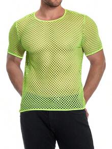 Men's Mesh Fishnet Top Short Sleeve Sheer See Through T Shirt Fitted Muscle Blouse Clubwear - Fluorescent Green - 查看 8