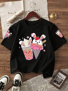 3 件套女童幼儿休闲印花圆领短袖 T 恤，夏季儿童服装 - 引人注目的 T 恤为每个孩子带来欢乐和幸福！ - 粉色 - 查看 5