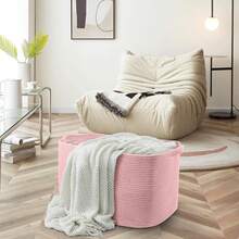 Extra Large Pink Storage Basket, 23.6" X 17" X 12" Rectangle Blanket Basket Living Room, Woven Cotton Rope Basket, Toy Basket Bins, Pink Baskets For Decor, Wicker Baby Laundry Basket - 淺粉色 - 查看 5