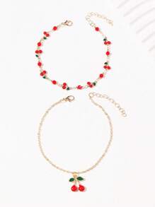 2 Pieces Girls Sweet Cherry Anklet Color Drip Oil Summer Fruit Beach Style Double Layer Anklet Set