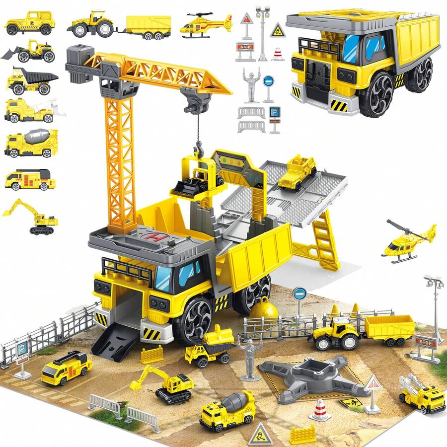 Construction Vehicles Track Set With Excavator, Dump Truck, Cement Truck, Wheel Loader & Rotating Crane, Car Carrier For Storage, STEM Building Toy For Kids Ages 3-12 (ASTM Certified) - Yellow - View 1