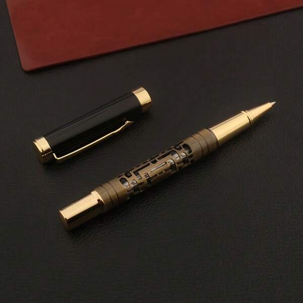 1pc Metal Hollow Floral Engraved Ballpoint Pen, Retro Bronze Round Ball Pen, Business Office Supplies, Premium Gift, School Supplies, Back To School