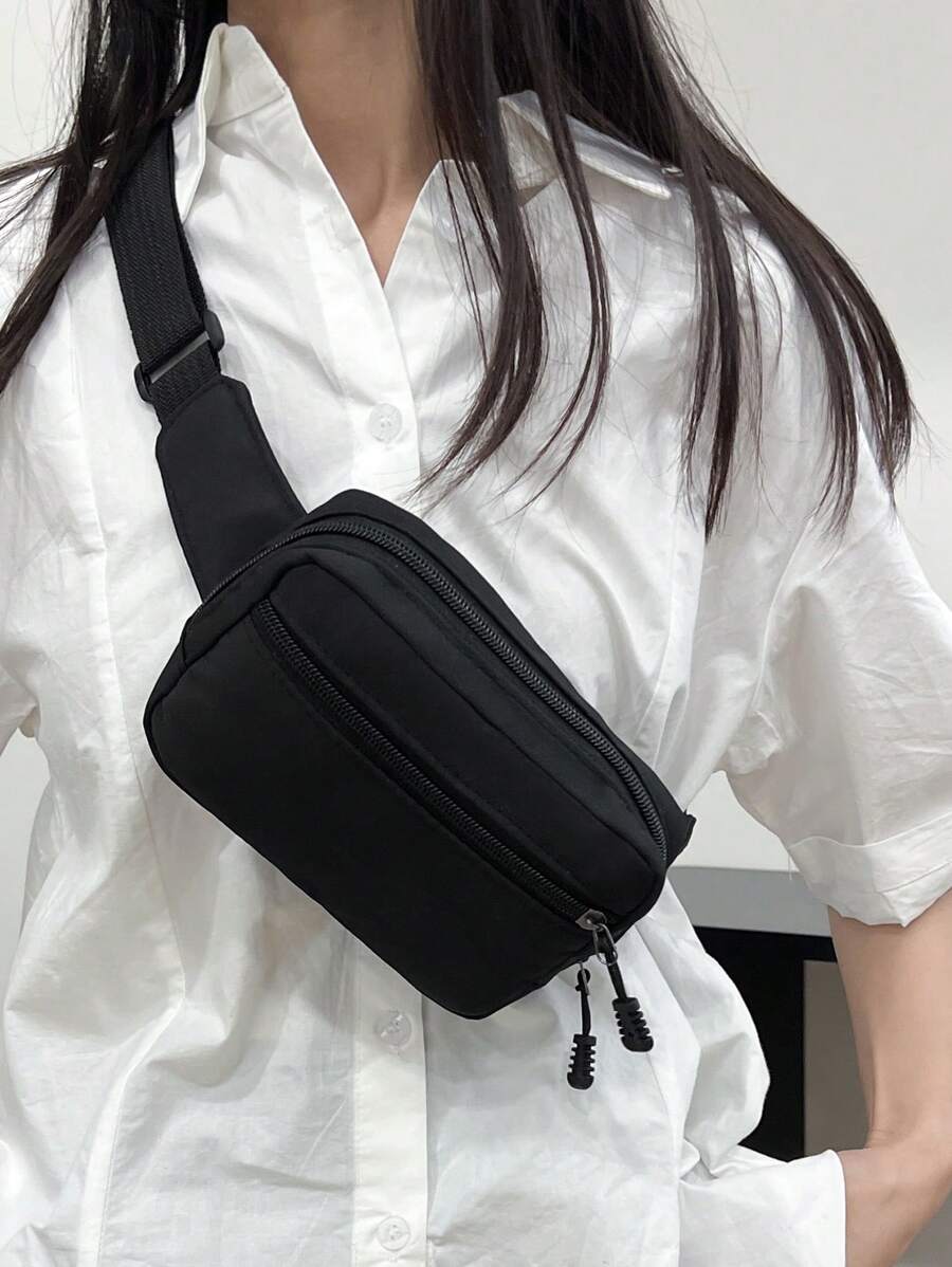 Solid Color Nylon Fabric Fashion Mini Plain Canvas Casual Versatile Tourism Chest Bag/Phone Pouch/Purse For Women - Black - View 1