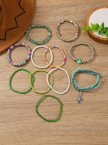 11 Peças/Conjunto Pulseira Elástica Multicamadas de Mulher com Contas, Pulseira Elegante e da Moda para Uso Diário