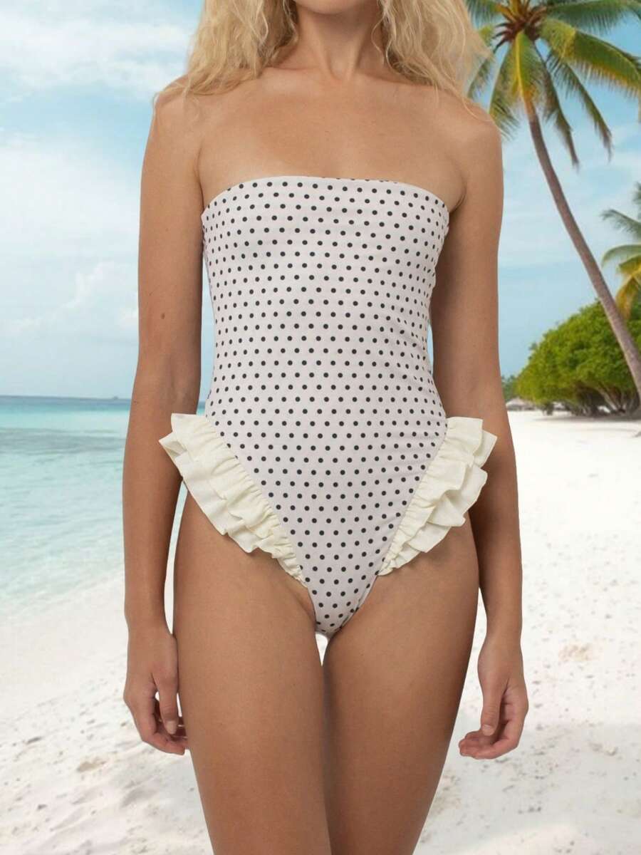 One Piece Womens Swimsuits Y2k Ruffle Hem Monokini Bathing Suit Spaghetti Strap Square Neck Tummy Control Slimming Swimwear Bathing Suit Beachwear - 白色 - 查看 1