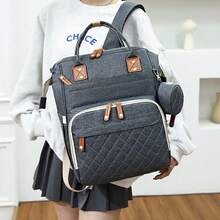 Mochila tipo mamá de gran capacidad con acolchado de moda; Bolso de maternidad multifuncional para viajes; Bolso pañalero con múltiples compartimentos conveniente, con bolsas para accesorios de alimentación y comida - Gris Oscuro - Ver 12
