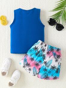 2 件套男童无袖休闲度假棕榈树印花背心套装，轻盈凉爽的夏季服装 - 藍色 - 查看 2