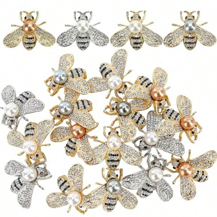 20 PCS Honey Bee Brooch Hornet Pins Bulk  Designer Brooches For Women Little Bumble Bee Pin Crystal Insect Themed With Faux Pearl Fashion Lapel Gift For Birthday Dating Party Anniversary - 如圖 - 查看 1