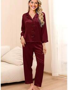 4Pcs Womens Silk Pajama Sets Satin Pajamas Set Sexy Cami Lingerie Pjs Nightwear Silky Pj Loungewear Sleepwearhalloween - 酒紅色 - 查看 11