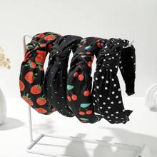 4 peças/Conjunto Cor Sólida de Tecido, Strass, Cereja, Morango, Melancia, Maçã, Poá, Xadrez, Floral Padrão Elástico Largo, Faixa de Cabelo, Acessórios para Cabelo, Diadema, Tiara