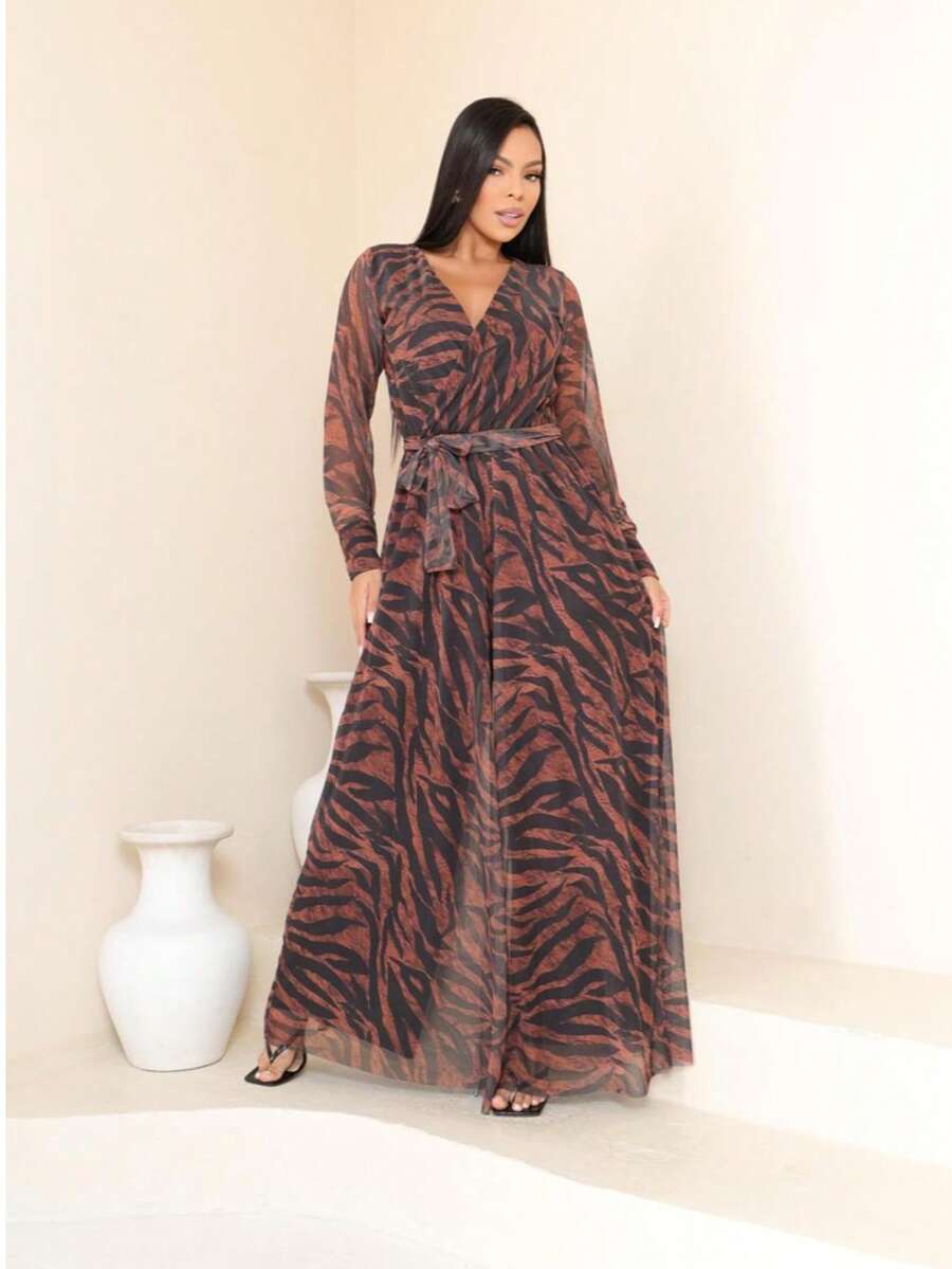Long Jumpsuit With Sleeves Lined In Special Tulle - Rỉ Nâu - Xem 1