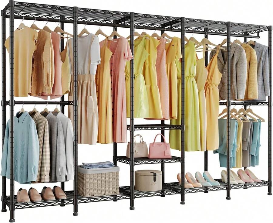 H5 Extra Large Wire Garment Rack, Heavy Duty Clothes Rack, Large Wardrobe Closet, Freestanding Closet Rack For Hanging Clothes, Clothing Racks With Adjustable Shelf, 93.3"Lx15.7"Wx75.4"H,Black - Black - View 1