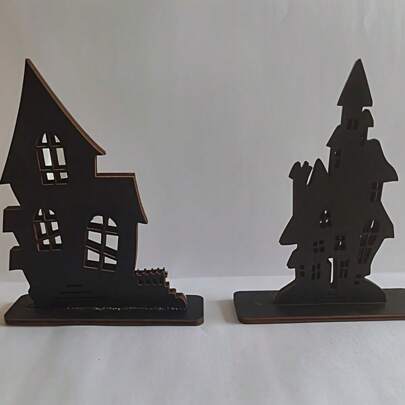 1pc/2pcs Halloween Gothic Style Hollow Wooden Cottage With Adhesive Backing, Fairy Tale Inspired Decor Ornament, Indoor Holiday Decoration Home Decor Halloween Decor Room Decor