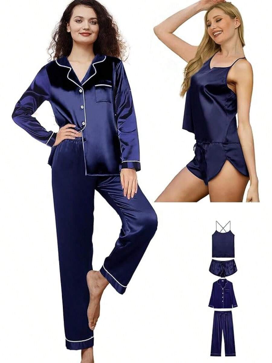 4Pcs Womens Silk Pajama Sets Satin Pajamas Set Sexy Cami Lingerie Pjs Nightwear Silky Pj Loungewear Sleepwearhalloween - 海軍 - 查看 1