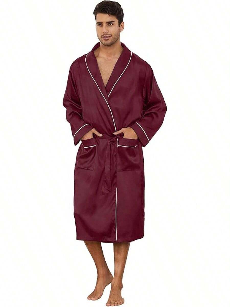 Men's Satin Robe Lightweight,Men's Luxurious Silk Kimono Bathrobe - Burgundy - View 1