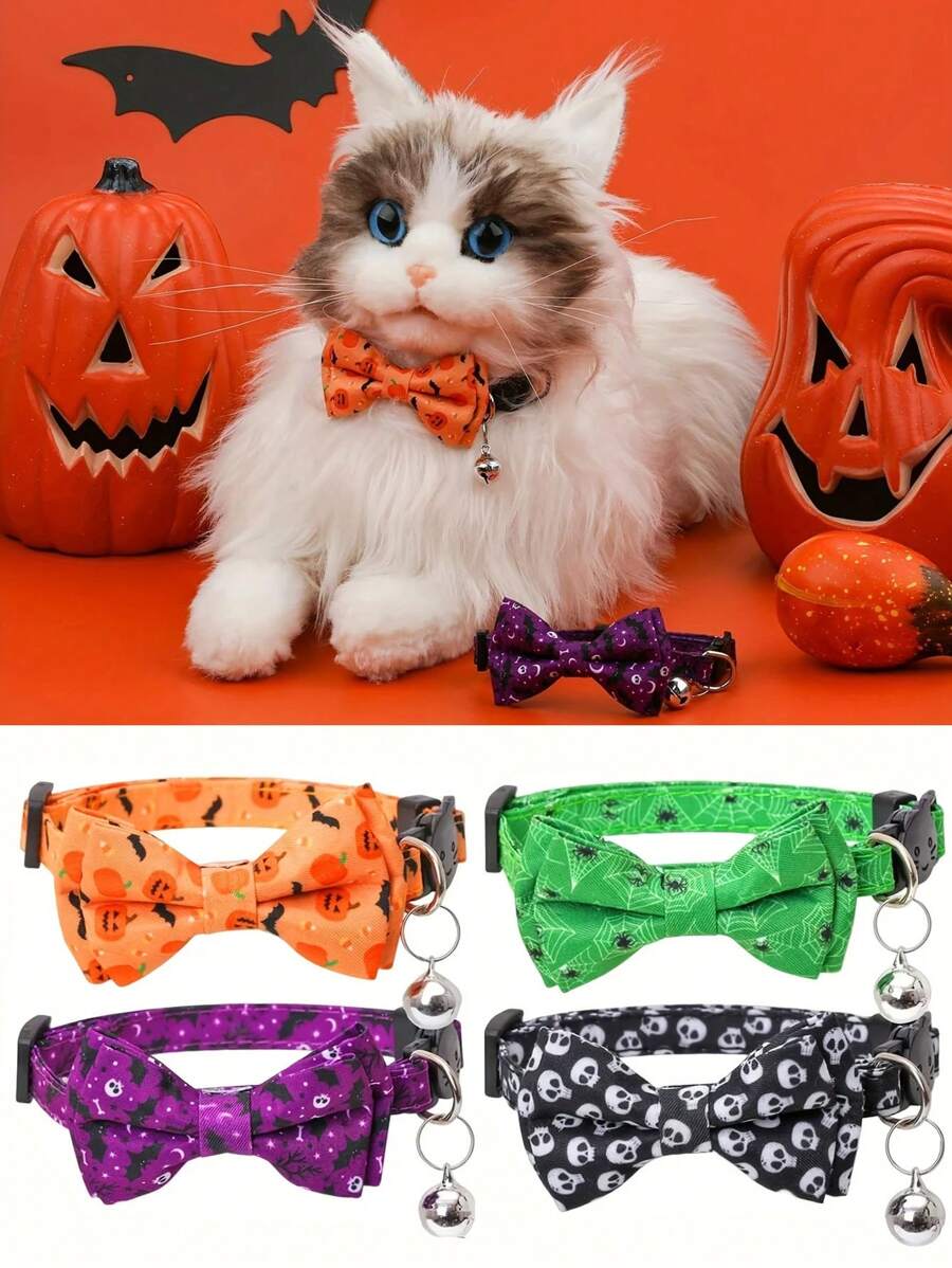1PC Halloween Card Pet Cat Collar Pumpkin Bat Hat Halloween Ghost Festival Cat Halloween Cat Collar Cat Collar With Bell Adjustable Detachable Pet Necklace With Buckle, Cat Necklace