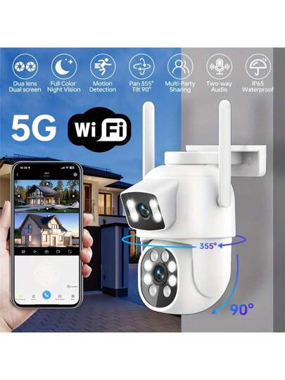 2.4G/5GHz Dual Lens Security Camera, 360° Rotating Tilting WiFi Surveillance Night Vision, Automatic Tracking, Two Way Audio, Outdoor Home Monitoring System, USB Power Supply, Motion Detection, Wireless, Security, Anti Social Attacks, Camera