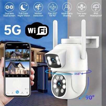 2.4G/5GHz Dual-Lens Security Camera, 360° Rotating And Tilting WiFi Surveillance Camera, Color Night Vision, Automatic Tracking, Two-Way Audio, Outdoor Home Monitoring System, USB Power Supply, Motion Detection, Wireless, For Home Security, Anti-Social Attacks, Security Camera