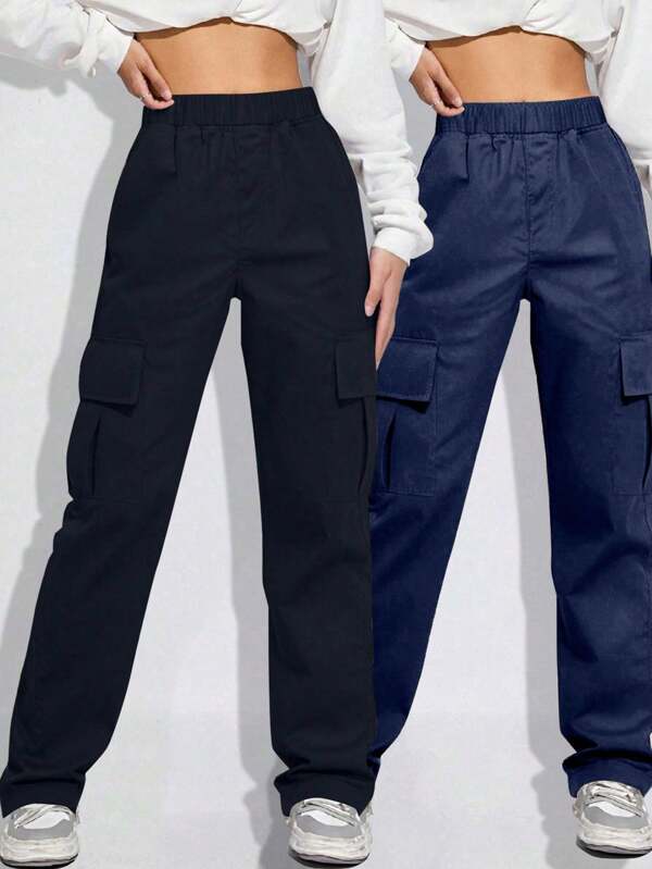 2 pièces Pantalons cargo droits polyvalents et décontractés pour filles et adolescentes