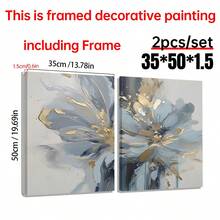 2 piezas Pintura en lienzo con estampado de flores abstracto moderno y lujoso en azul claro y dorado, póster de flores abstractas para decoración de sala de estar, dormitorio y estudio, sin marco - Azul - Ver 13