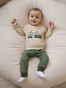 Toddler Baby Boy Clothes Auntie's Lil' Dude Print Long Sleeve Sweatshirt Pullover Top Solid Pants Set Fall Winter Outfit 2Pcs - 卡其色 - 查看 7