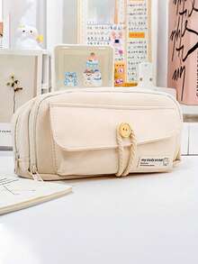 1 件纽扣闭合可爱帆布铅笔盒，大容量文具收纳袋，学生礼物，DIY 化妆包，便捷旅行手提包 - 返校 - 彩色 - 查看 4