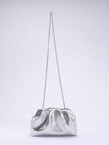 1 件金属光泽 PU 褶饰云朵手拿包，银色，简约日常手提包，优雅女士晚会包 - 銀色 - 查看 9