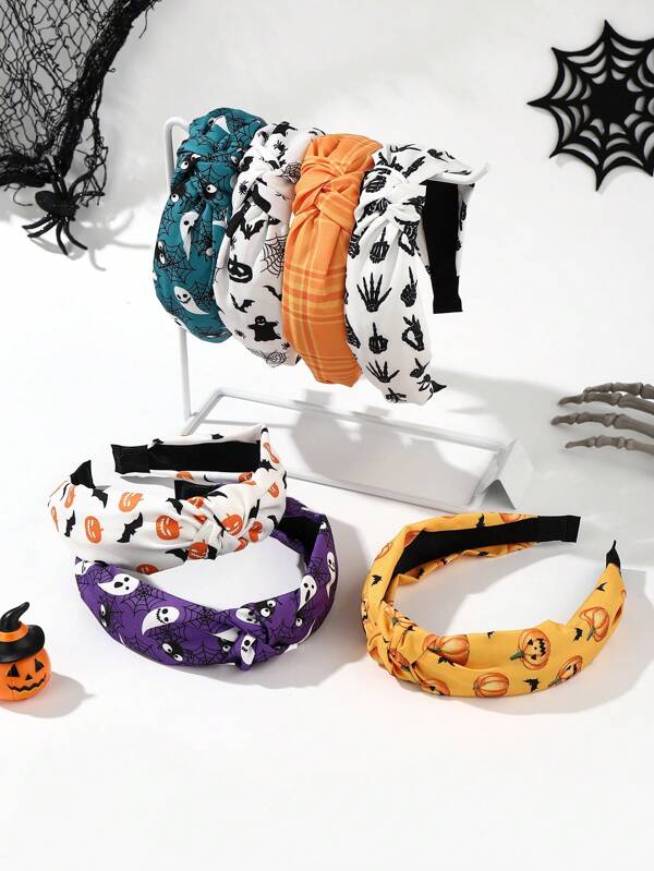 1 Peça Headband de Tecido Largo com Aranha, Caveira e Abóbora do Halloween