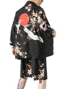 PRIJOUHE Japanese Kimono Men Lightweight Open Front Kimono Bathrobe With Shorts 2 Piece Summer Beach Outfits - màu đen - Xem 2