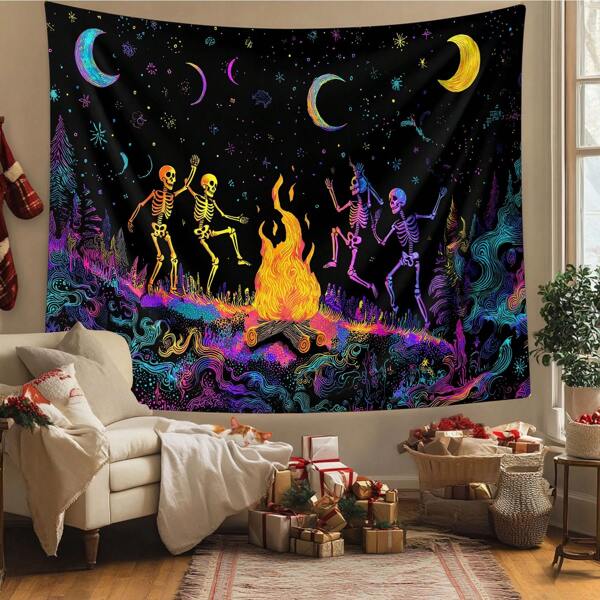 1pc Polyester Colorful Skeletons Tapestry Dancing Skeletons Art Wall Hanging With Campfire Universe Tapestry Boho Hippie Decor For Bedroom Living Room Dorm Background Tapestry