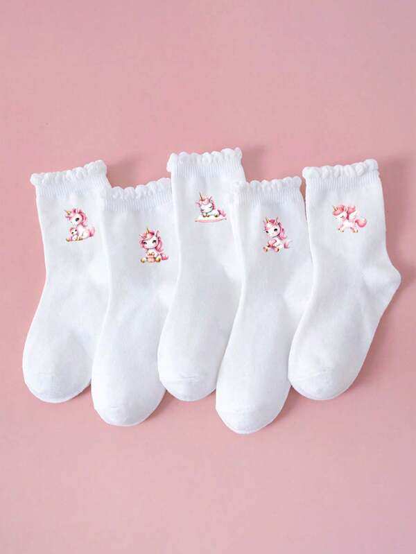 5 pares de calcetines finos de primavera/verano para niños, calcetines de encaje hasta la pantorrilla para niñas de unicolor con diseño de unicornio lindo, calcetines de moda con estampado de dibujos animados interesantes, calcetines transpirables cómodos y suaves que absorben la humedad hasta la pantorrilla, adecuados para estudiantes de vuelta al colegio/salidas/fiestas/deportes al aire libre/regalos de vacaciones y uso diario