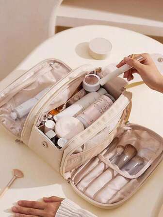Trousse de maquillage de voyage grande capacité pour femme – Trousse de maquillage multicouche en PU inodore avec porte-pinceaux et pochette transparente, étui portable pour outils de maquillage et de soins de la peau, design à la mode et élégant, idéale pour les professionnelles actives.