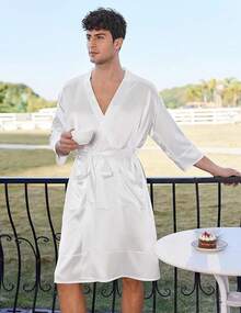 Mens Satin Robe Lightweight Silky Kimono Bathrobe 3/4 Sleeve Spa Knee Length Loungewear With Pockets S-3XLhalloween - 白色 - 查看 5