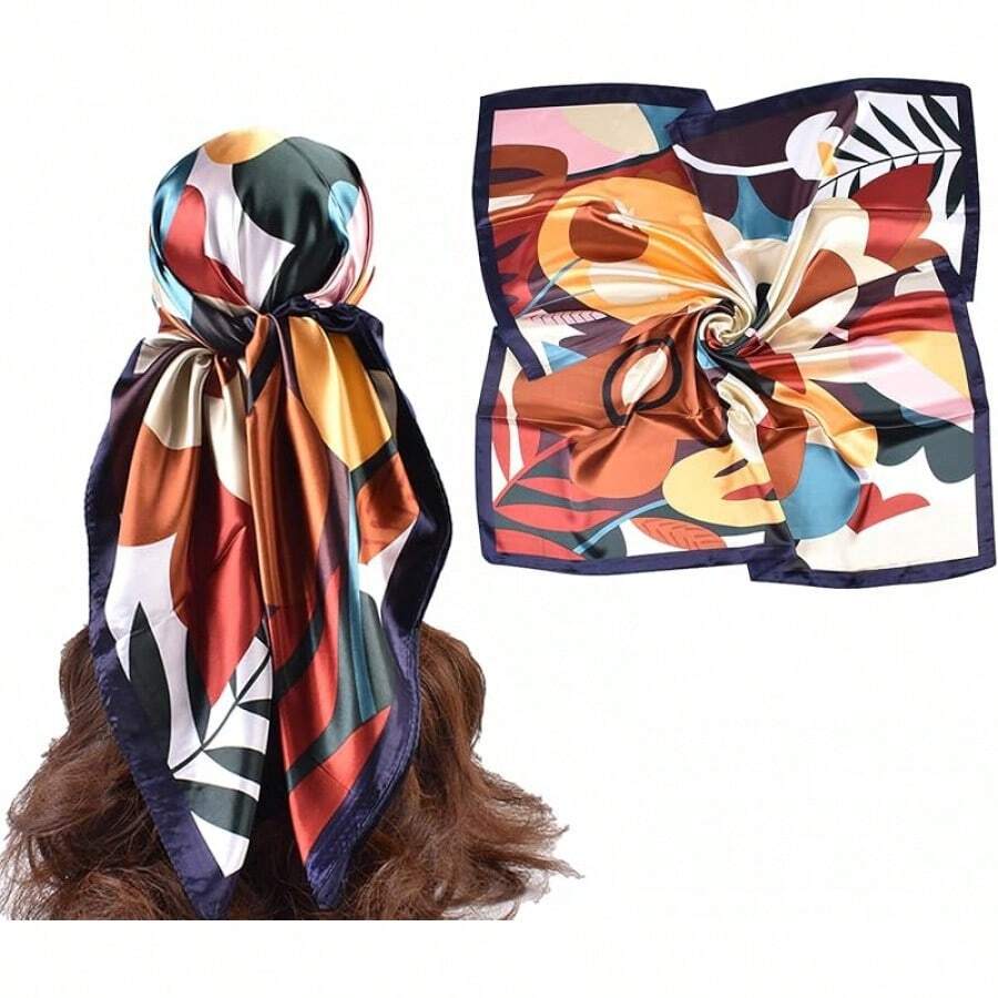 35 Inches Silk Head Scarf-Satin Hair Scarves Silk Bandana Scarf Headscarf For Women's Fashion Scarveshalloween - 彩色向日葵-海軍藍 - 查看 1