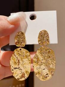 1 Pair Metal Textured Oval Layered Vintage Modern Geometric Drop Earrings, Exaggerated Design, Lightweight Luxury Accessories, Metal Texture