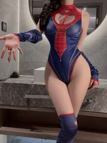 1pc Red & Blue Spider Print Zip Crotch Costume Set, Roleplay Outfit For Couples Halloween