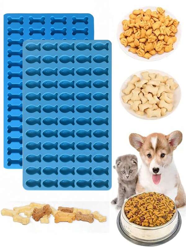 2 Different Shape Mold Sets, Cat And Dog Snack Mold, 116-Hole Mini Fish And Bone Shaped Silicone Mold For Baking Pet Treats/Cookies/Cat, Pet As A Bonus, Fish And Bone Shaped Candy/Chocolate Mold (Set Contains A Bone Shaped Silicone Mold And A Fish Shaped Silicone Mold,Total Of 2 Pieces)